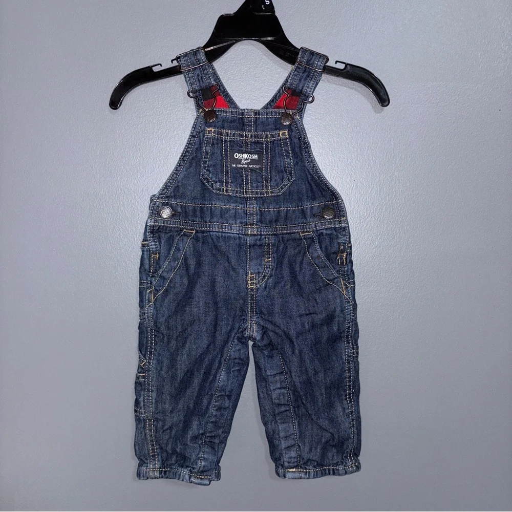 OshKosh B'gosh Classic Blue Overalls Lined Red Checkered Accents Infants 6m